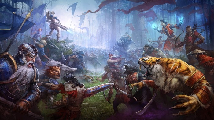 Fantasy battle with warriors and a tiger