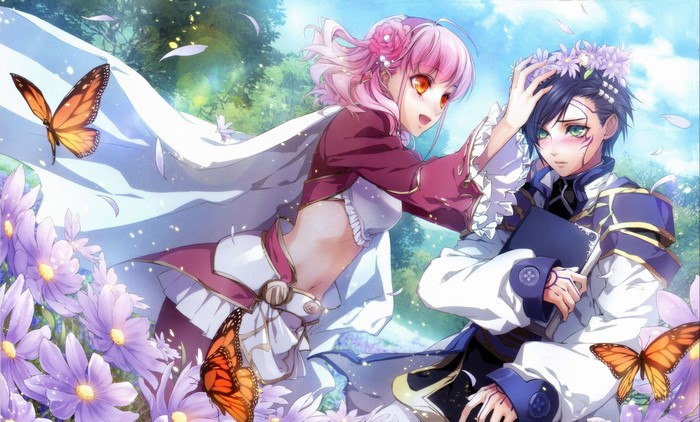 Anime couple in a flower field with butterflies