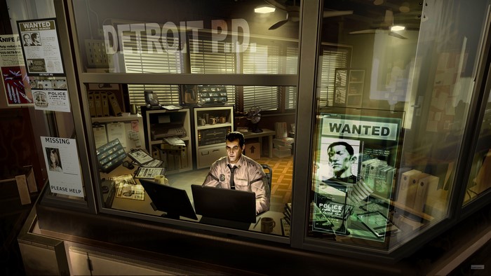 Detroit PD office with officer and wanted posters
