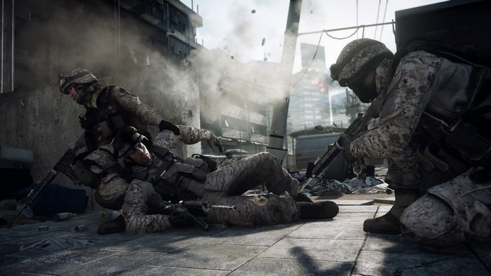 Soldiers in a destroyed urban environment