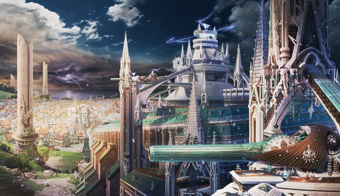 Fantastic world with futuristic city and stormy sky