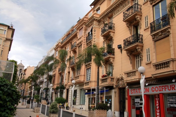 Street with buildings and palm trees in France
