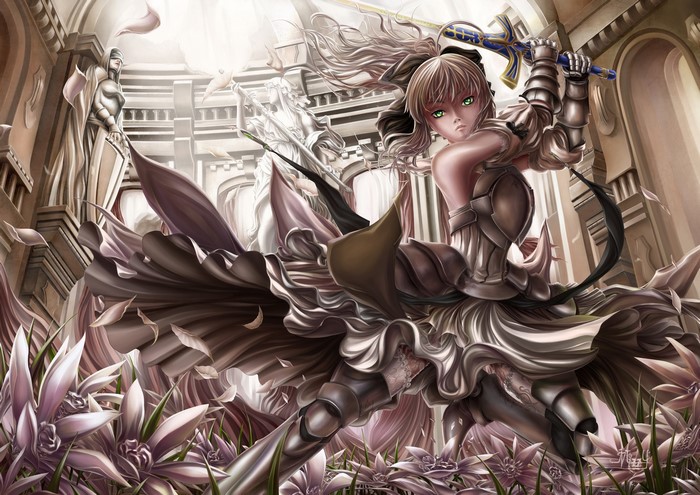 Saber from Fate: Stay Night in armor with sword