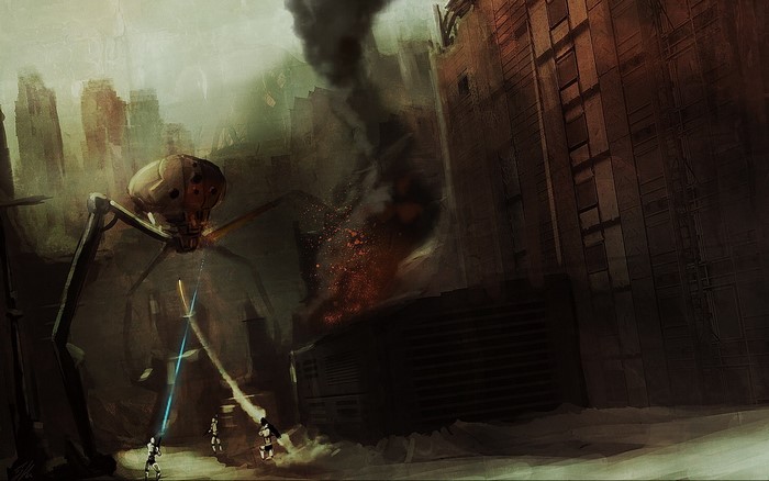 Giant robot attacking soldiers in a destroyed city