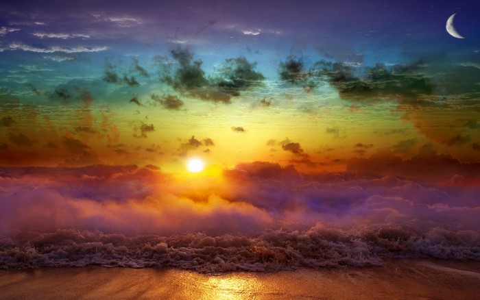Sunset over the ocean with moon