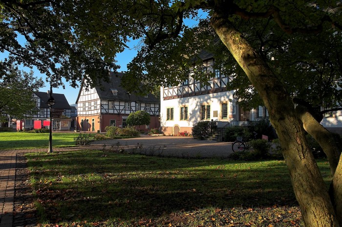 Half-timbered houses in a German town square