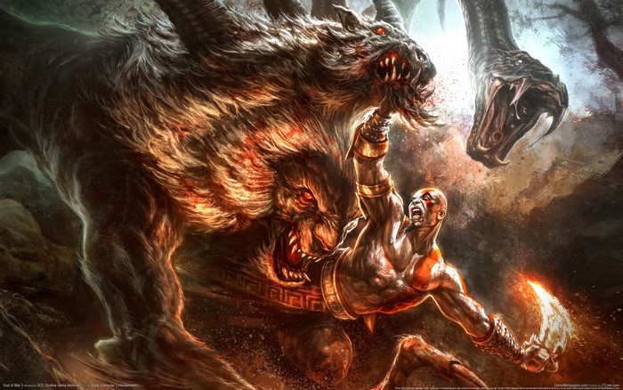 Kratos fighting a monster and a snake in God of War