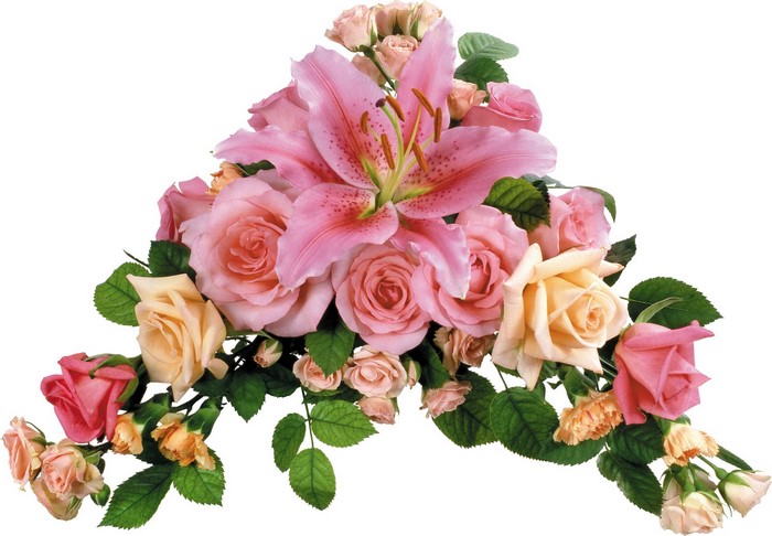 Pink and peach roses and lilies bouquet