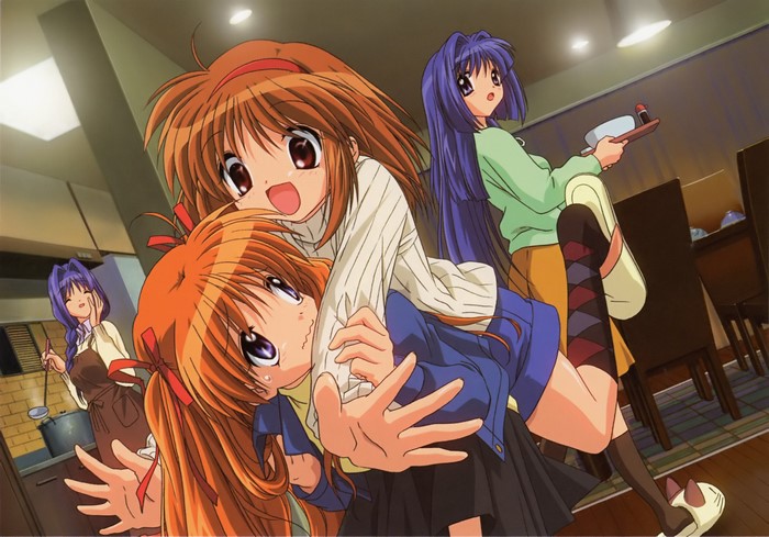 Kanon: Four girls in a kitchen and dining area