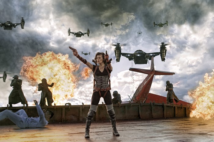 Alice from Resident Evil 5: Retribution with drones and explosions