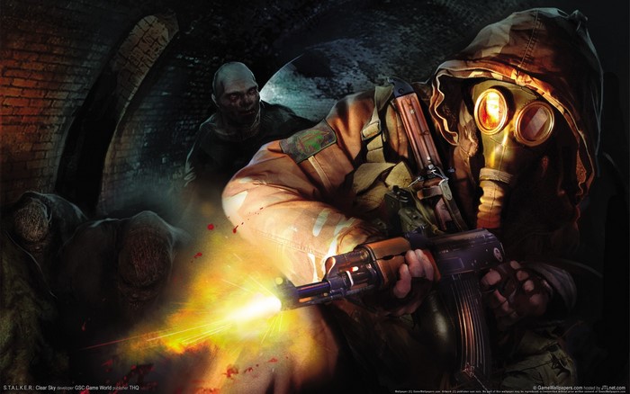 S.T.A.L.K.E.R.: Clear Sky soldier in gas mask firing rifle
