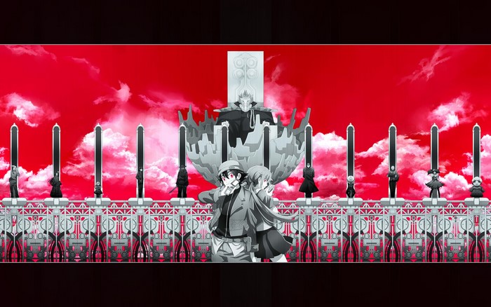 Characters from Future Diary in front of a throne