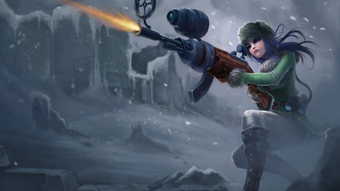 Caitlyn from League of Legends firing a rifle