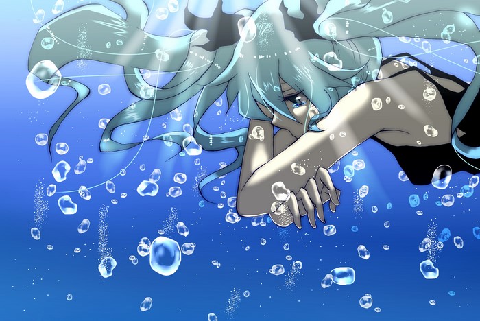 Hatsune Miku underwater with bubbles