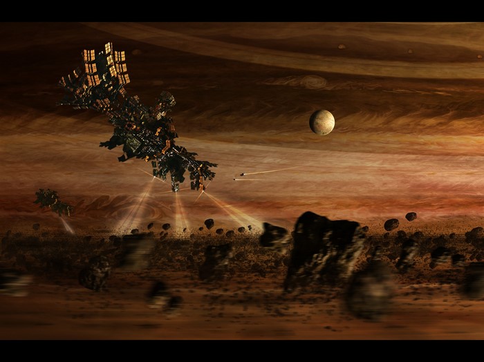 Spaceship fleet in asteroid field near Jupiter