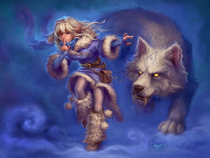 Elf girl with wolf in snowy landscape