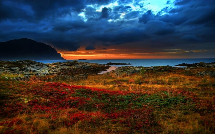 Dramatic sunset over a rocky coastline with colorful foliage