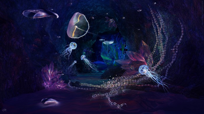 Underwater cave with jellyfish and crystals
