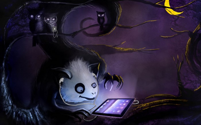 Creature and owls listening to music on Apple devices