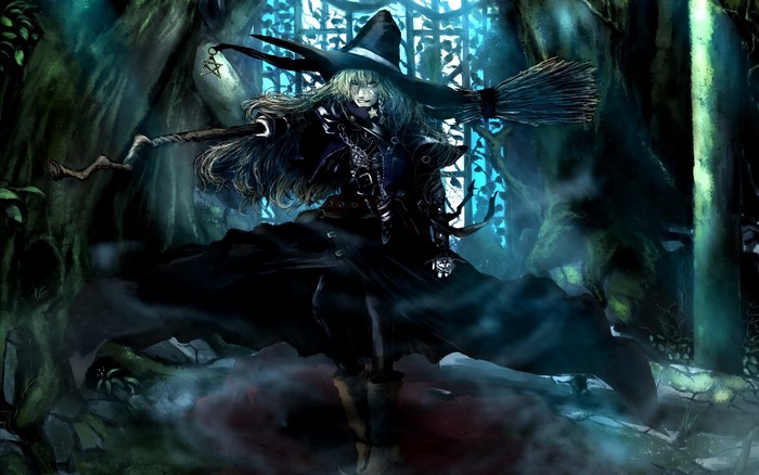 Witch with a broomstick in a dark forest