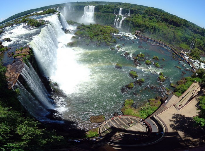 Iguazu Falls with walkways and lush greenery