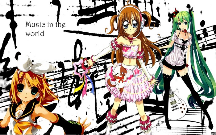 Vocaloid characters with musical notes background