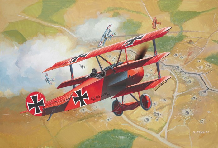 Red Triplane Dogfight Over WWI Battlefield