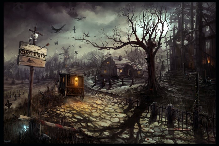 Gothic fantasy village with a carriage and graveyard