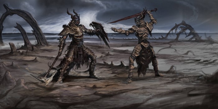 Two armored warriors fighting in The Elder Scrolls V: Skyrim
