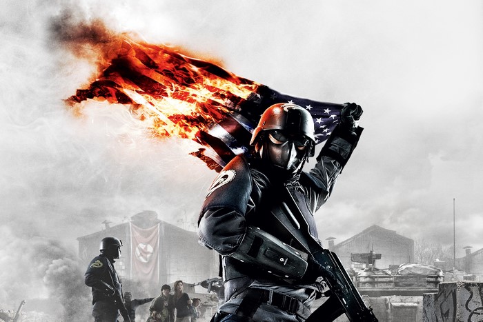 Soldier holding burning American flag in Homefront