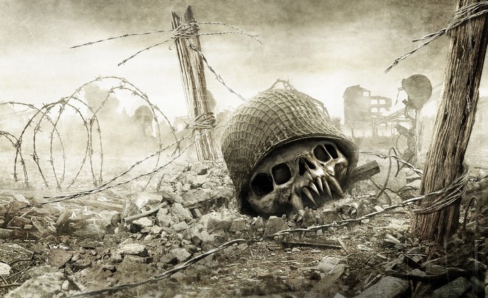 Skull in Helmet on Barbed Wire Battlefield