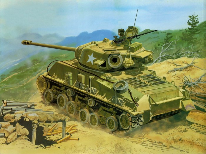 M4A3E8 Sherman Tank in a Battlefield Painting