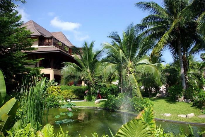 Tropical resort with pond and palm trees