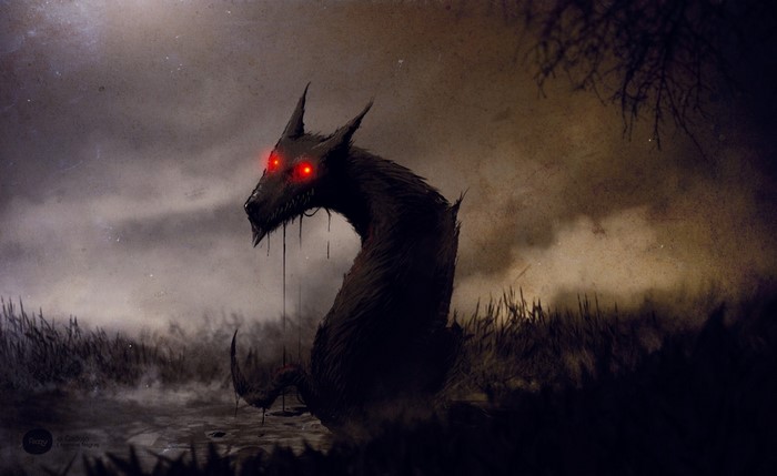 Dark Creature with Red Eyes in Swamp