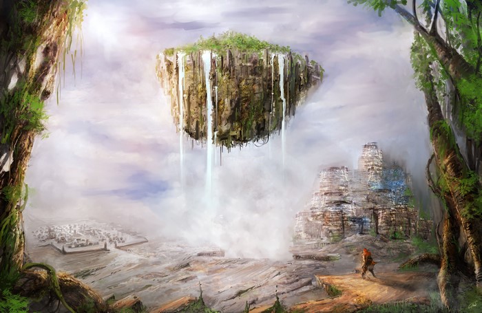 Fantastic world with floating islands and ancient ruins