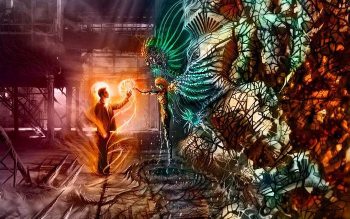 Man and winged creature in surreal industrial setting