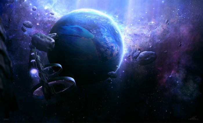 Planet and Spaceship in Nebula