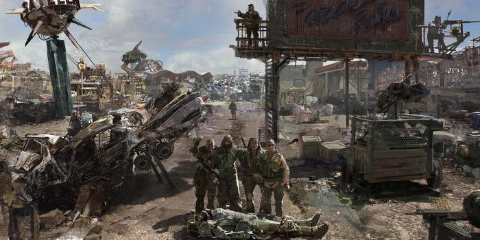 Post-apocalyptic settlement with survivors and ruined vehicles