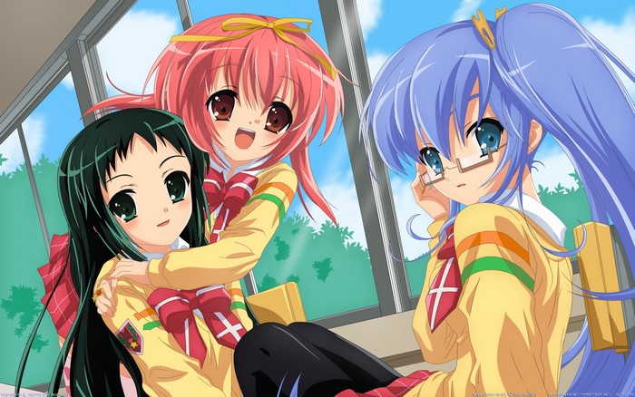 Three anime girls in school uniforms