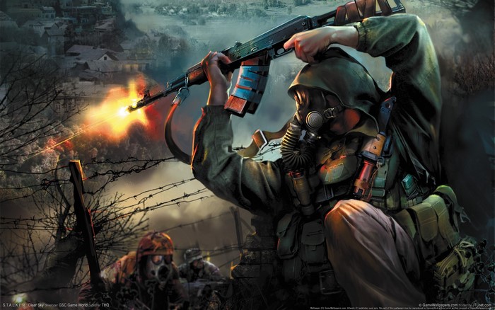 Soldier with gas mask firing rifle in S.T.A.L.K.E.R.: Clear Sky