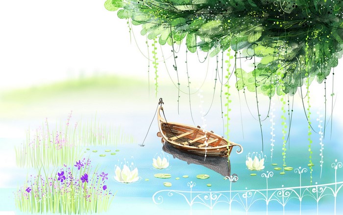 A boat floats on a lake under a tree