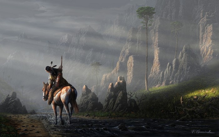 Native American on horseback in a misty mountain landscape