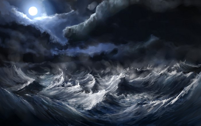 Stormy ocean waves under a full moon
