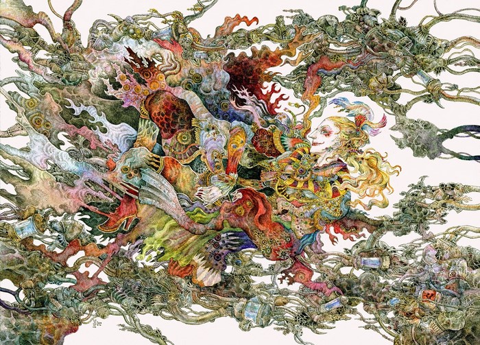Surreal illustration of a figure with elaborate mechanical and organic elements