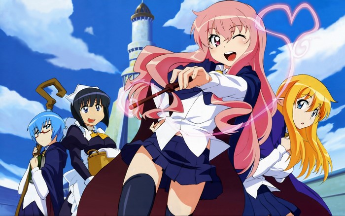 Zero no Tsukaima characters in front of a tower
