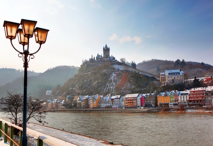 Cochem Castle and colorful town on a river in Germany