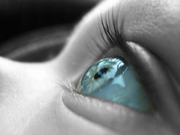 Close-up of a human eye with blue iris