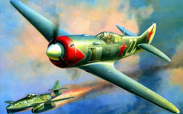 Soviet fighter plane in combat with a jet fighter