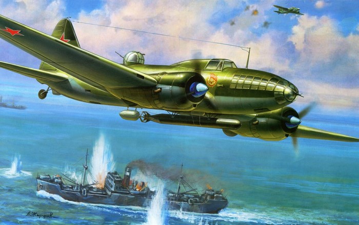 Soviet bomber attacking ships in the sea