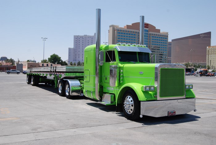 Bright Green Peterbilt Truck with Flatbed Trailer